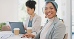 Face, leadership and woman in meeting in office ready for tasks, goals or targets. Ceo, boss and happy female entrepreneur with vision, mission and success mindset sitting with coworker in workplace.