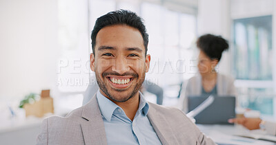 Happy, face or man in meeting with goals, vision or mission for career success in corporate business office. Portrait, leadership or Asian worker smiles with pride for planning a development project