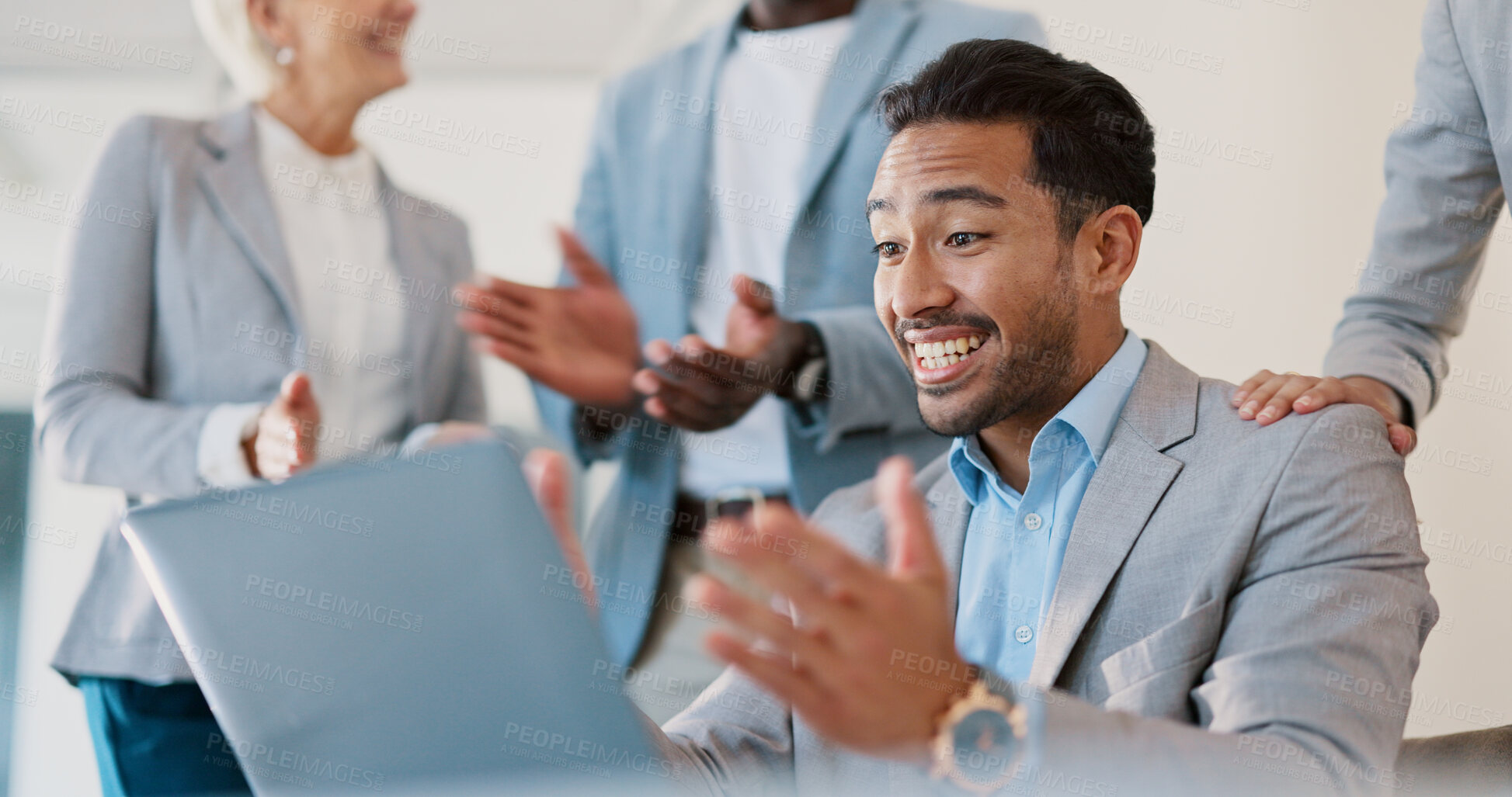 Buy stock photo Happy businessman, laptop and celebration in meeting, winning or team promotion together at office. Group of business people smile, applause or teamwork for achievement, target or goals at workplace