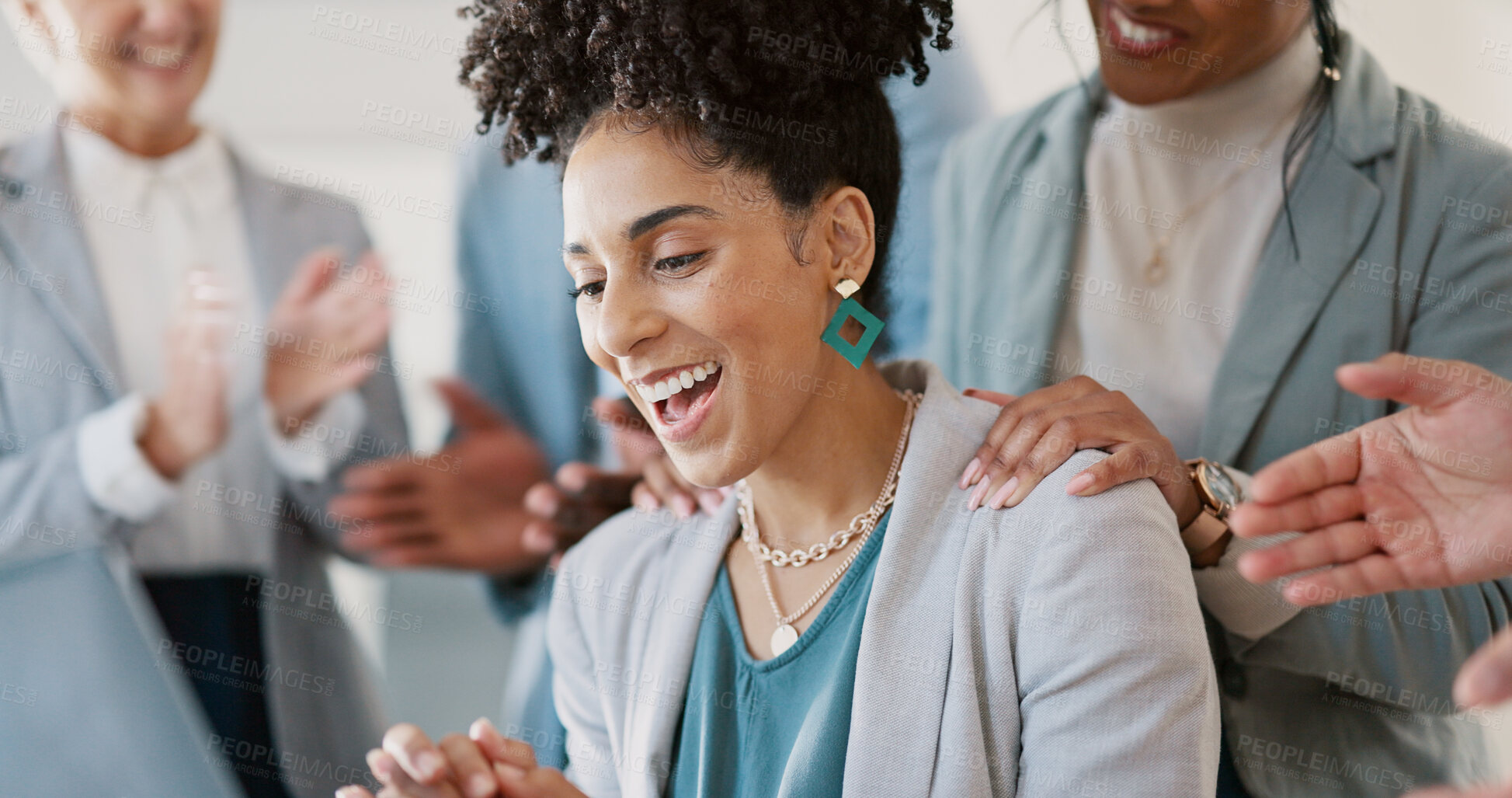 Buy stock photo Happy business woman, applause and winning in celebration, meeting or teamwork together at office. Group of employees clapping in success for team goals, achievement or company promotion at workplace