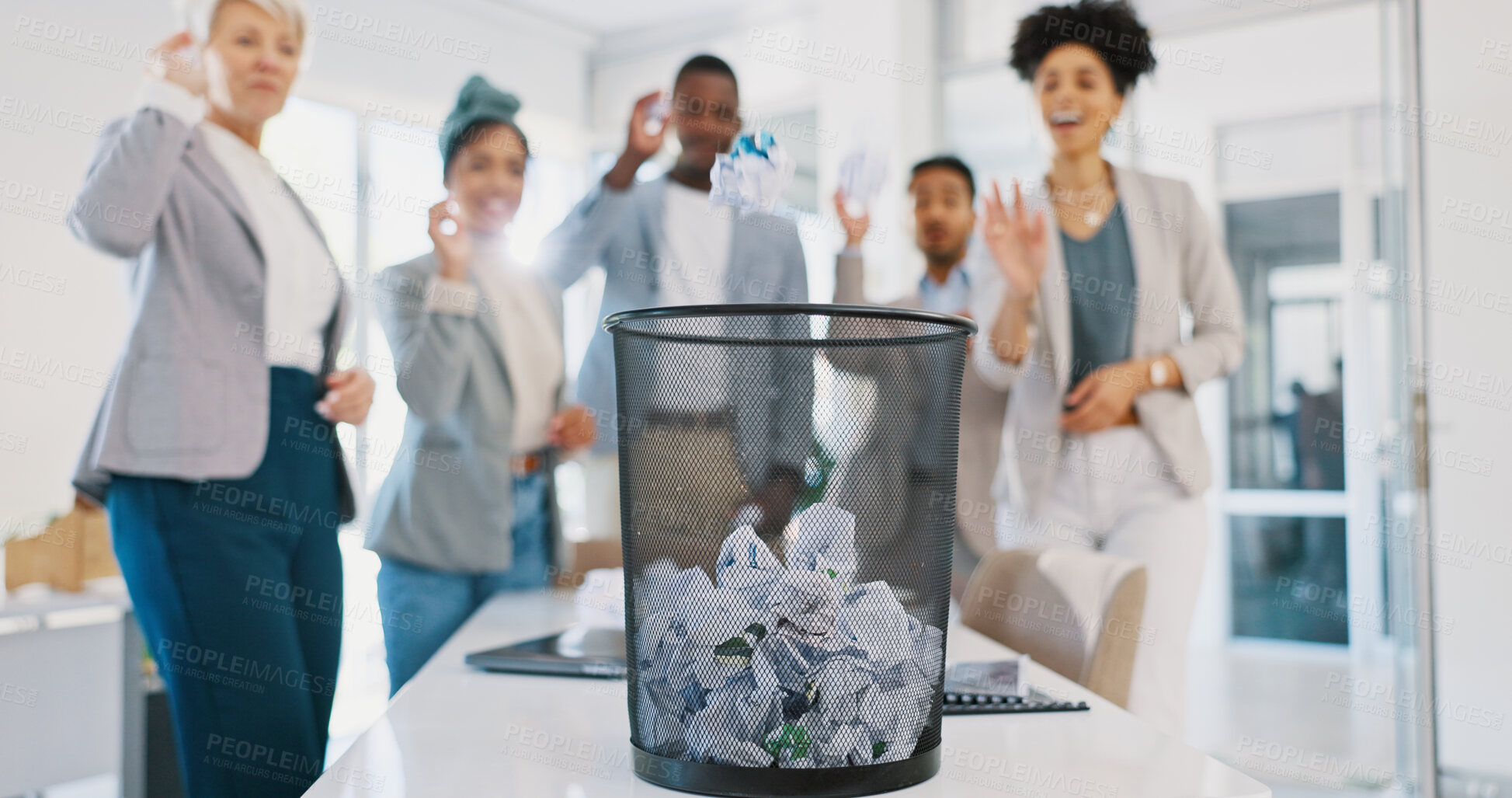 Buy stock photo Office, trash and business people throwing paper in game,  competition or challenge together for team building. Happy, group and play basketball with rubbish or garbage bin for fun in workplace