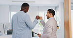 Fist bump, team building or men walking in office building with sales mission, business goals or motivation to work. Partnership, morning or happy employees with support, trust or vision for success