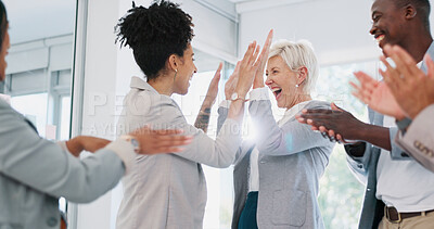 High five, team and support with business people and success, celebrate winning and solidarity with teamwork. Diversity, celebration and collaboration with happy employee group, applause and winner.