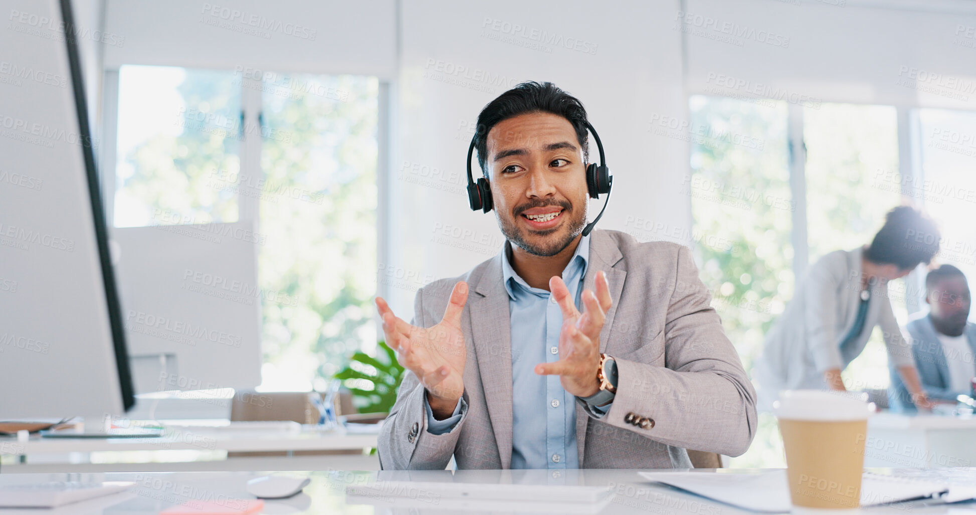 Buy stock photo Customer service, call center communication and business man consulting in office with conversation and advice. Crm, internet support and telemarketing worker or sales agent talking with networking