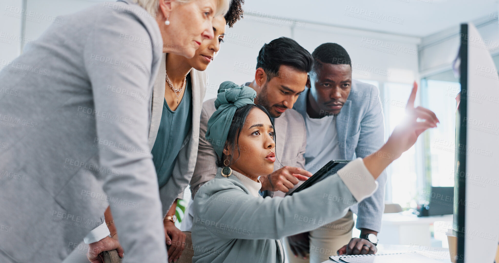 Buy stock photo Teamwork, computer planning and collaboration of business people in company for data in office. Tech idea, communication and group of staff working together on website management project for app