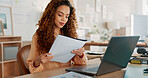 Startup black woman, laptop or documents for research, data analysis or planning creative marketing strategy for KPI growth. Tech, networking or website search for SEO analytics or corporate report
