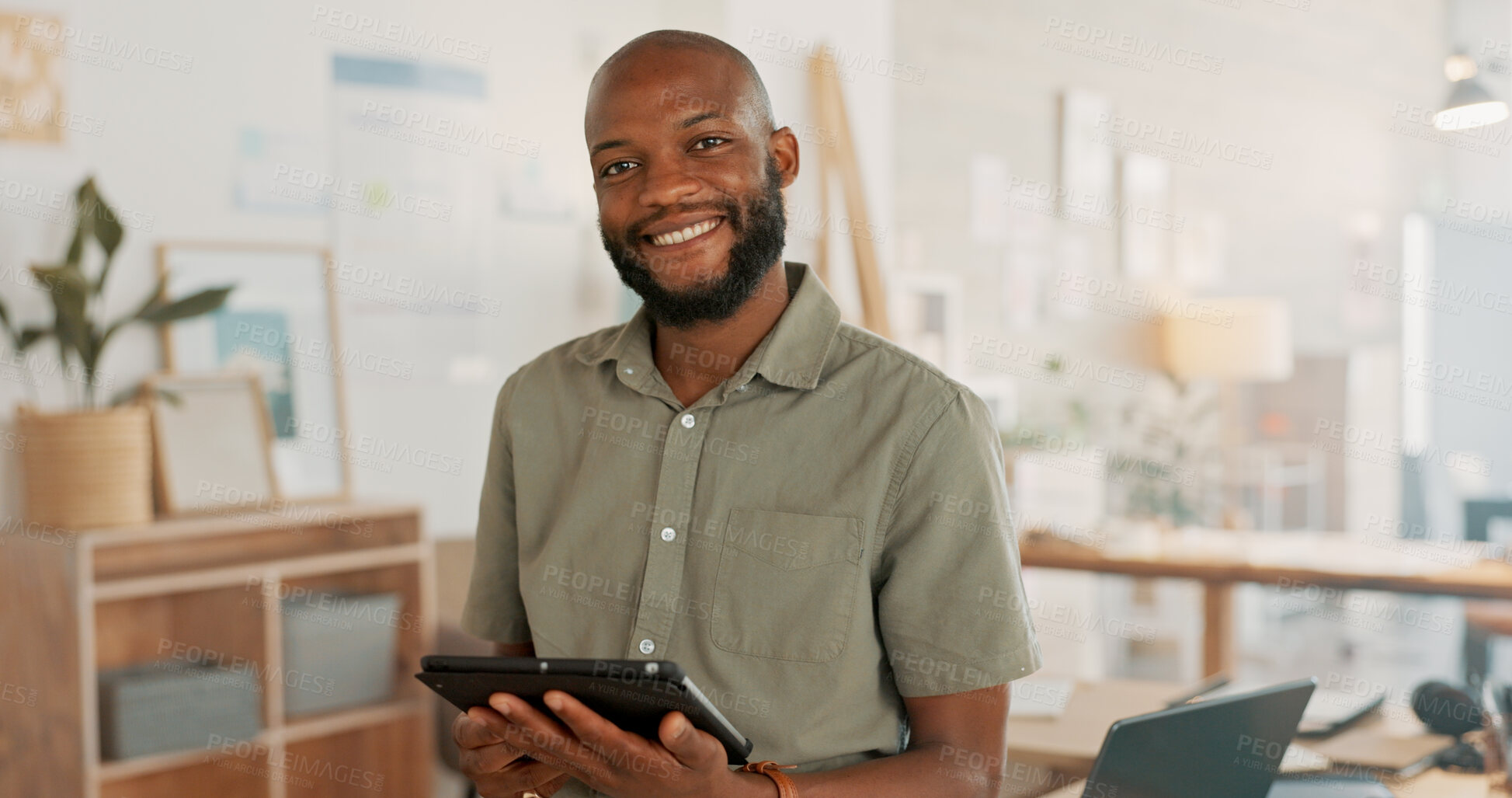 Buy stock photo Black man, portrait and office tablet of small business owner, creative worker and entrepreneur with remote work. Working, company and African male professional happy from career and tech job