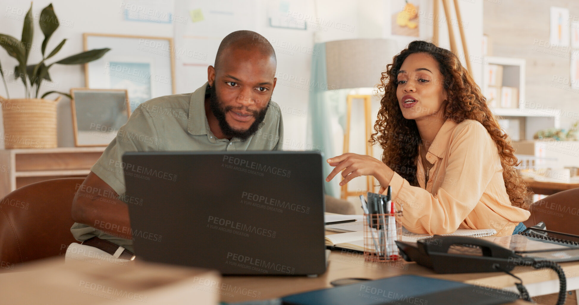 Buy stock photo Business people, laptop and planning with connection, teamwork and search internet in a workplace. Staff, black man and woman with a pc, conversation and email notification with cooperation and ideas