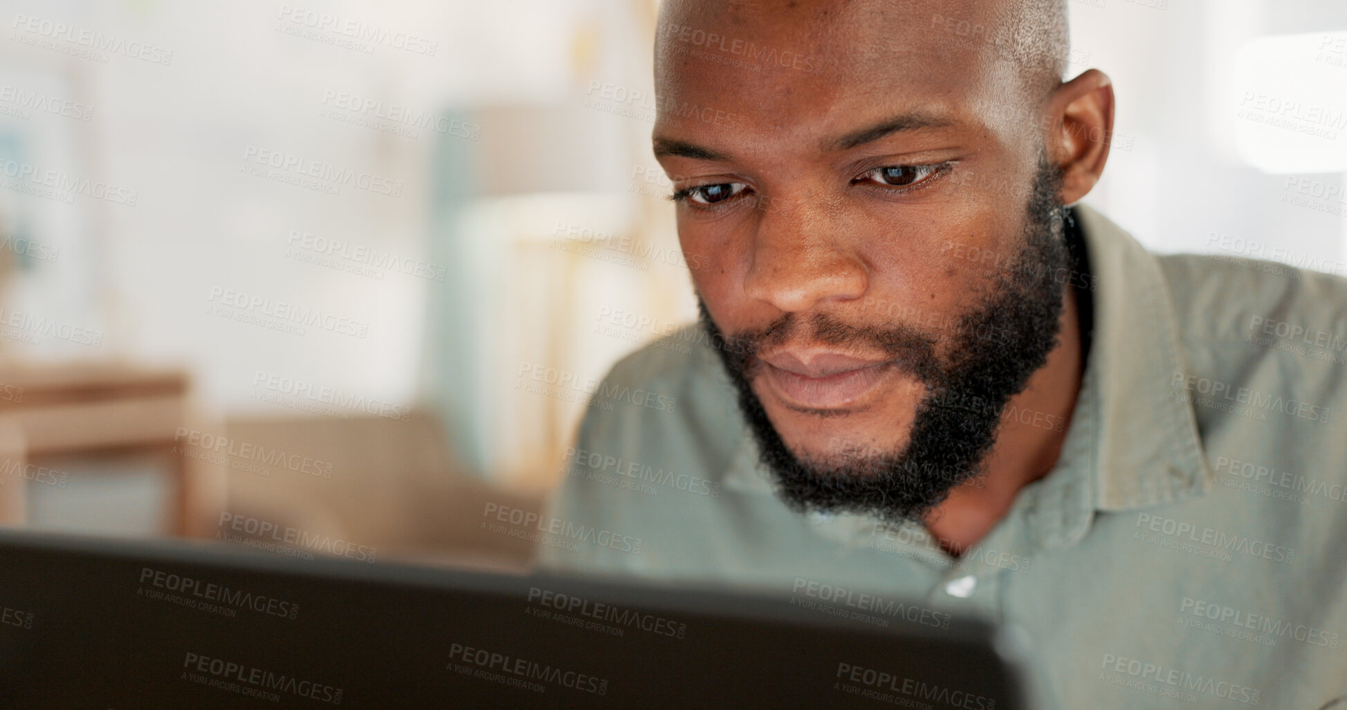 Buy stock photo Business, ideas and black man with a laptop, thinking and typing with solution, problem solving and network. African person, startup and consultant with a pc, website info and internet with research