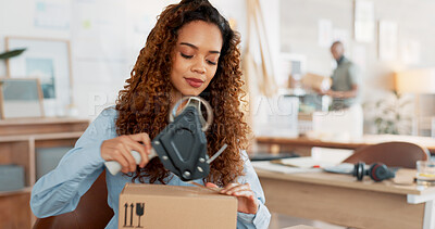 Delivery boxes, black woman shipping package or ecommerce sale with supply chain, logistics or courier product in retail shop. Woman, retail sales worker or design store manager for commercial export