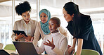 Diversity, corporate and women with laptop, talking and planning budget, fintech and system update in modern office. Team, leader and group online reading, finance and
accounting process on computer