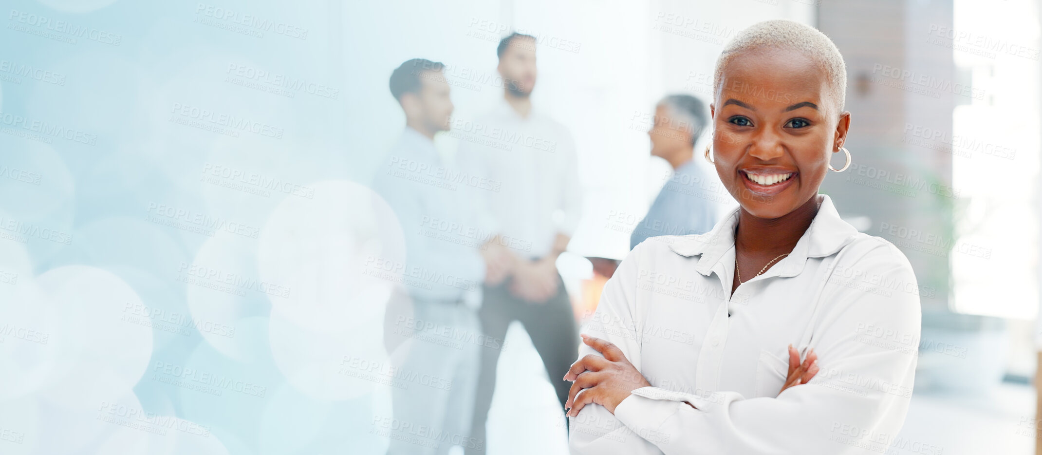 Buy stock photo Portrait, business mockup or happy black woman with arms crossed with company values or mission. Inclusion culture, space or face of an African employee, female manager or worker with pride in office