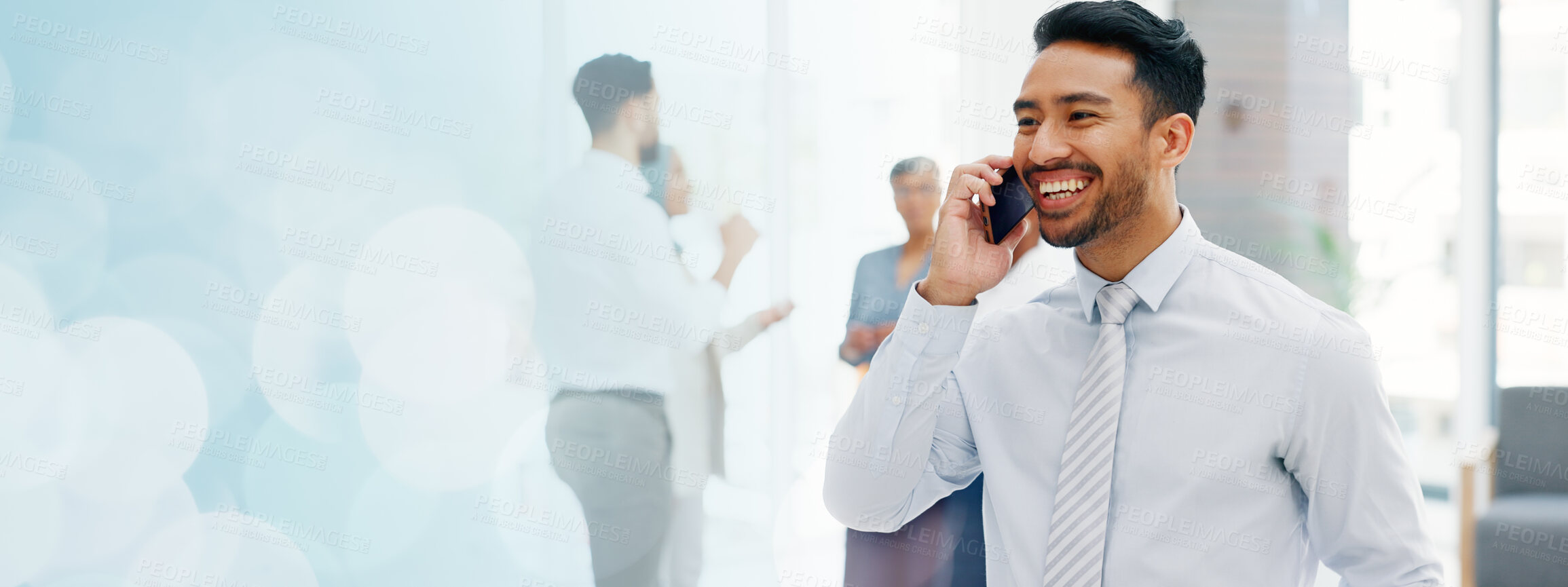 Buy stock photo Happy businessman, communication mockup or phone call networking in financial advisory company. Discussion, b2b space or manager consulting, talking or speaking in conversation on mobile in office