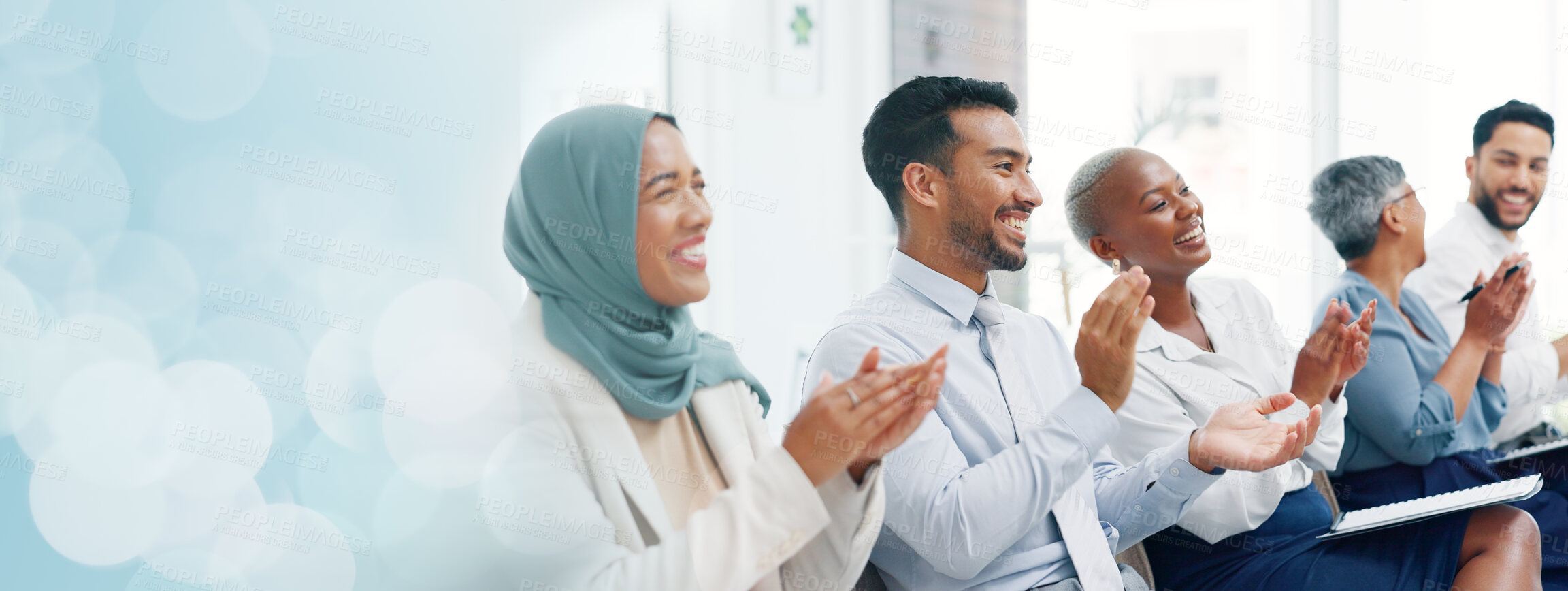 Buy stock photo Mockup, happy business people or applause in presentation for support, target success or praise in office. Space, diversity or audience clapping hands for workshop achievement or goals celebration