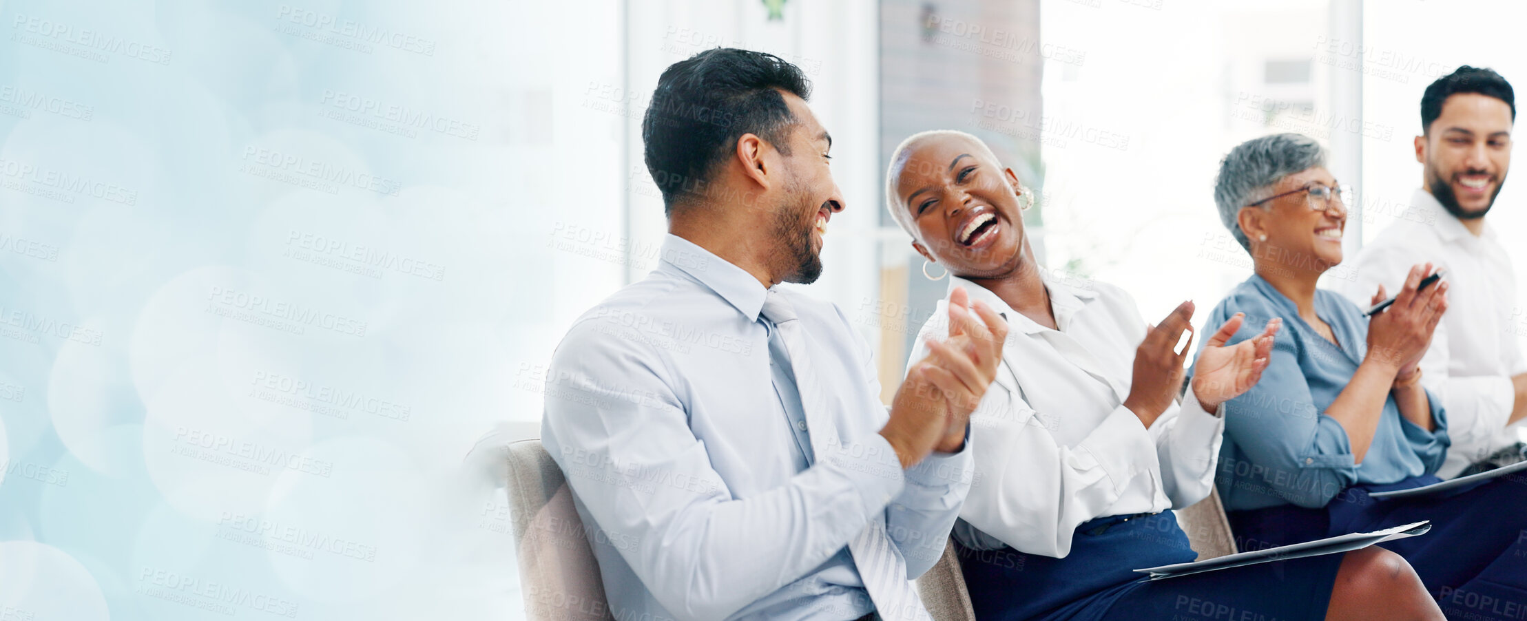 Buy stock photo Mockup, happy business people or clapping in presentation for support, target success or group praise. Space, diversity or applause of audience for workshop achievement or winning goals celebration