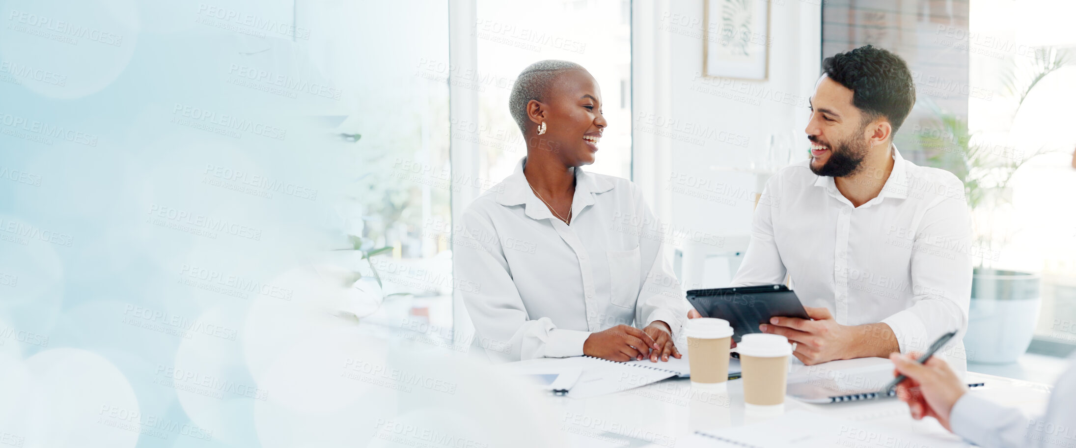 Buy stock photo Mockup, talking or happy business people with tablet or smile networking on social media in agency. Diversity, space or team speaking of website to research online for technology update on internet