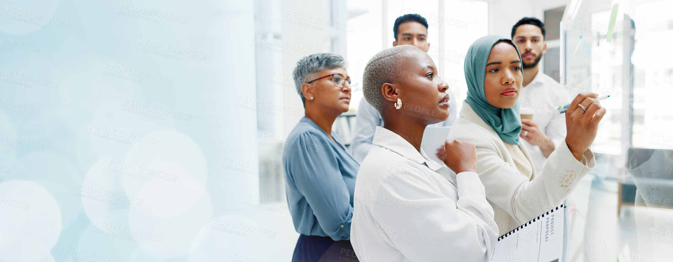 Buy stock photo Space, glass or business people writing for planning a calendar schedule, vision or mission. Teamwork mockup space, diversity or Muslim woman in meeting for agenda, brainstorming or strategy ideas