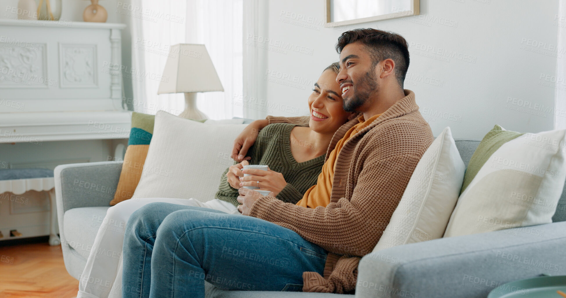 Buy stock photo Couple, relax and watching tv on couch, home and lounge for movies, streaming subscription and happy with coffee. Man, woman and television on sofa in living room with smile, film and video in house