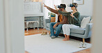 VR gamer couple, metaverse or futuristic tech on sofa in living room for cyber game, 3D gaming or future ai media. Virtual reality, video game or esports for technology, digital fun or online fantasy