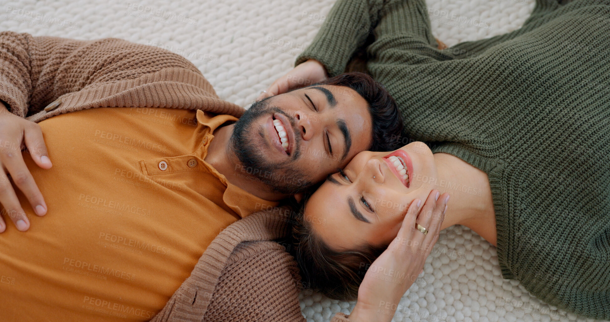 Buy stock photo Real estate, success and couple relax on living room floor for moving, break or new home smile. Mortgage, property and man with woman lying on a carpet happy, investment or love with face touch care