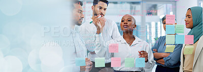 Meeting, collaboration and sticky notes on glass with a business black woman coaching her team in the office. Strategy, teamwork and planning with a creative man and woman employee group at work
