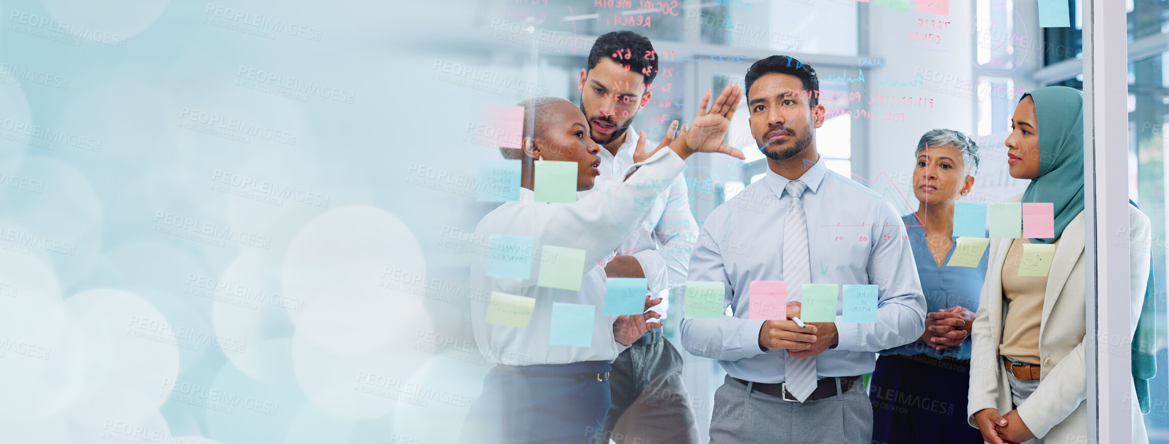 Buy stock photo Meeting, collaboration and banner with a business team using sticky notes on space for planning. Teamwork, overlay and mockup with a man and woman employee group working on a professional game plan