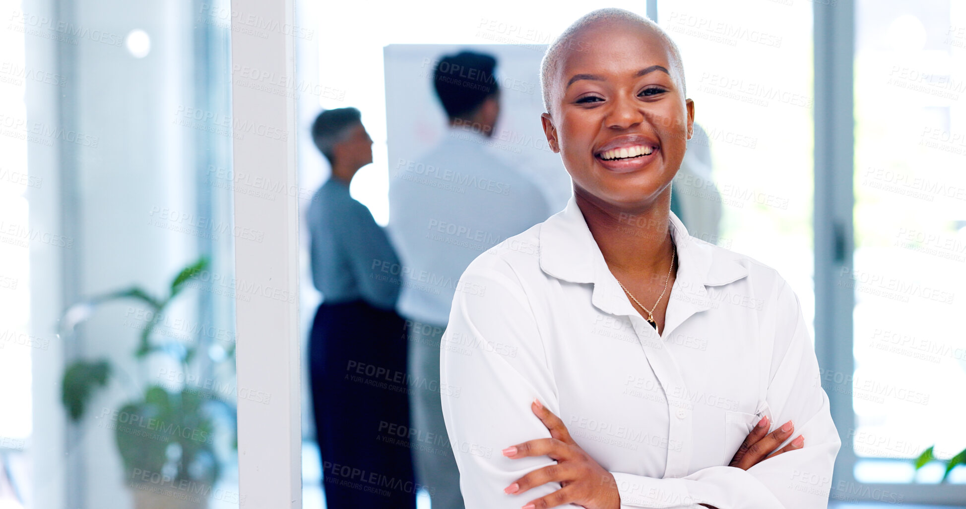 Buy stock photo Portrait, smile and black woman with arms crossed, leadership and office management at media agency. Face, confidence and happy businesswoman, strategy and planning for business development workshop.