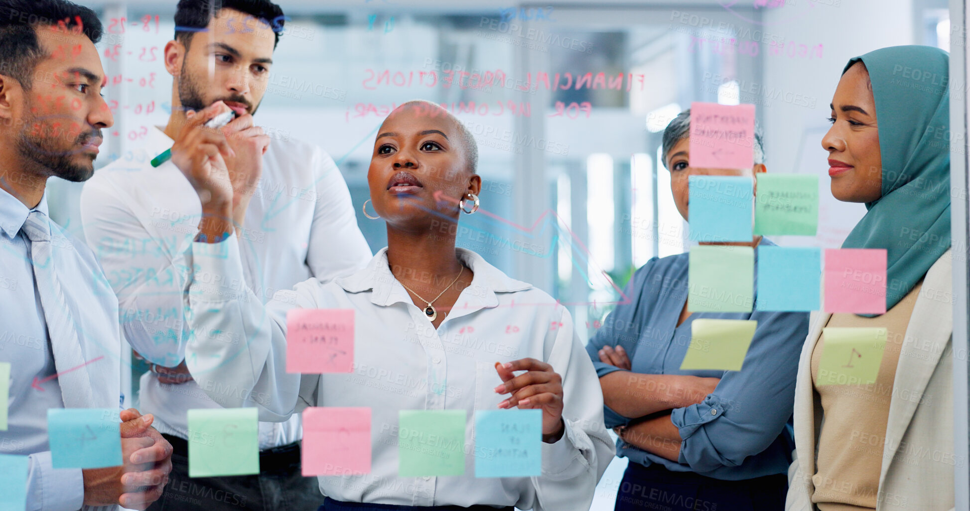 Buy stock photo Meeting, collaboration and woman writing with sticky note for business training a team, planning or strategy on glass. Scrum, diversity and discussion with men and women group and african leader