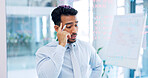 Thinking, strategy and serious businessman writing on glass wall with thoughtful analysis in office. Brainstorming, planning and vision of corporate worker with focus, concentration and idea.