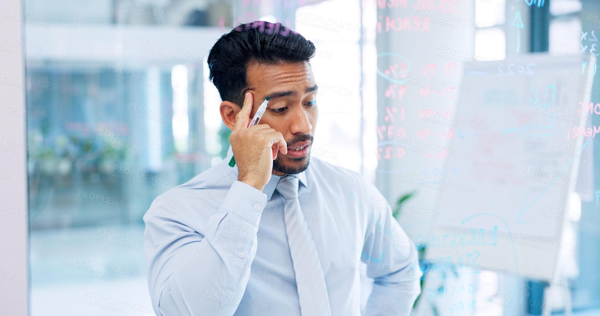 Buy stock photo Glass wall, problem and business man reading info, startup fail and frustrated with planning mistake. Research error, transparent board and corporate person crisis, risk or stress over strategy ideas