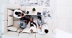 Business meeting, coffee and sofa for planning, b2b collaboration and brainstorming ideas above. Lobby, lounge and technology of corporate worker in teamwork, partnership and workspace coffee break