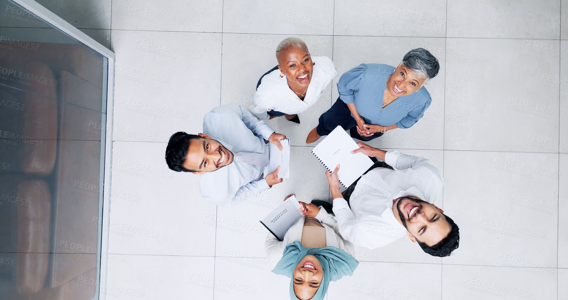 Buy stock photo Top view, portrait and business people with planning, documents and conversation with cooperation. Staff, teamwork and group with paperwork, brainstorming and collaboration with ideas and employees