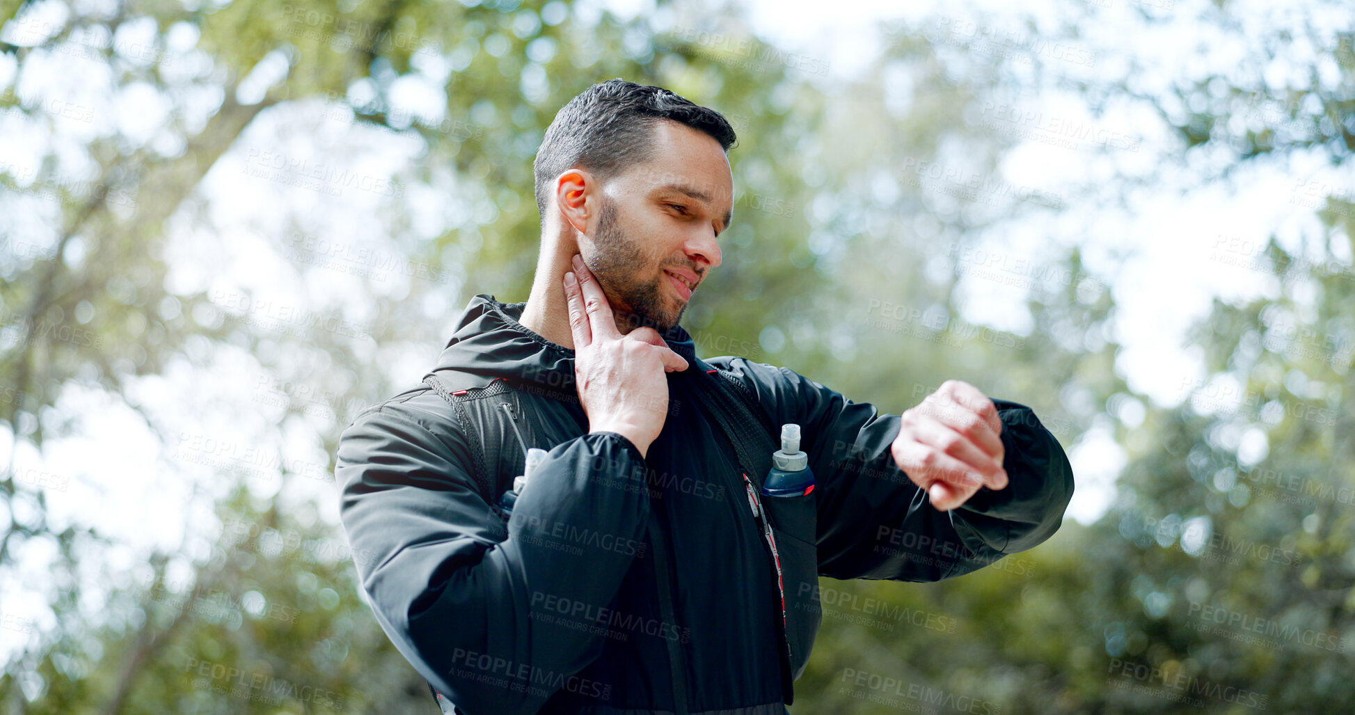 Buy stock photo Man, pulse and exercise time in nature forest, woods and training workout and hiking. Athlete person, hiker or runner outdoor for fitness or trekking adventure with watch for progress or heart rate