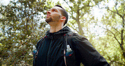 Hiking, fitness and forest man with focus, motivation and thinking of healthy lifestyle goal in nature trees. Green woods and sport, exercise person with athlete gear and training challenge idea
