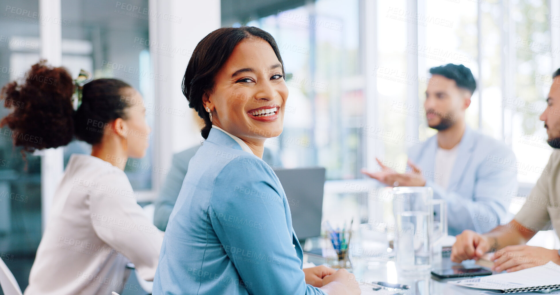 Buy stock photo Internship, manager and portrait of happy woman in training, meeting and workshop in boardroom for learning in office. Face, smile or working in company with team, mentor and coaching in business