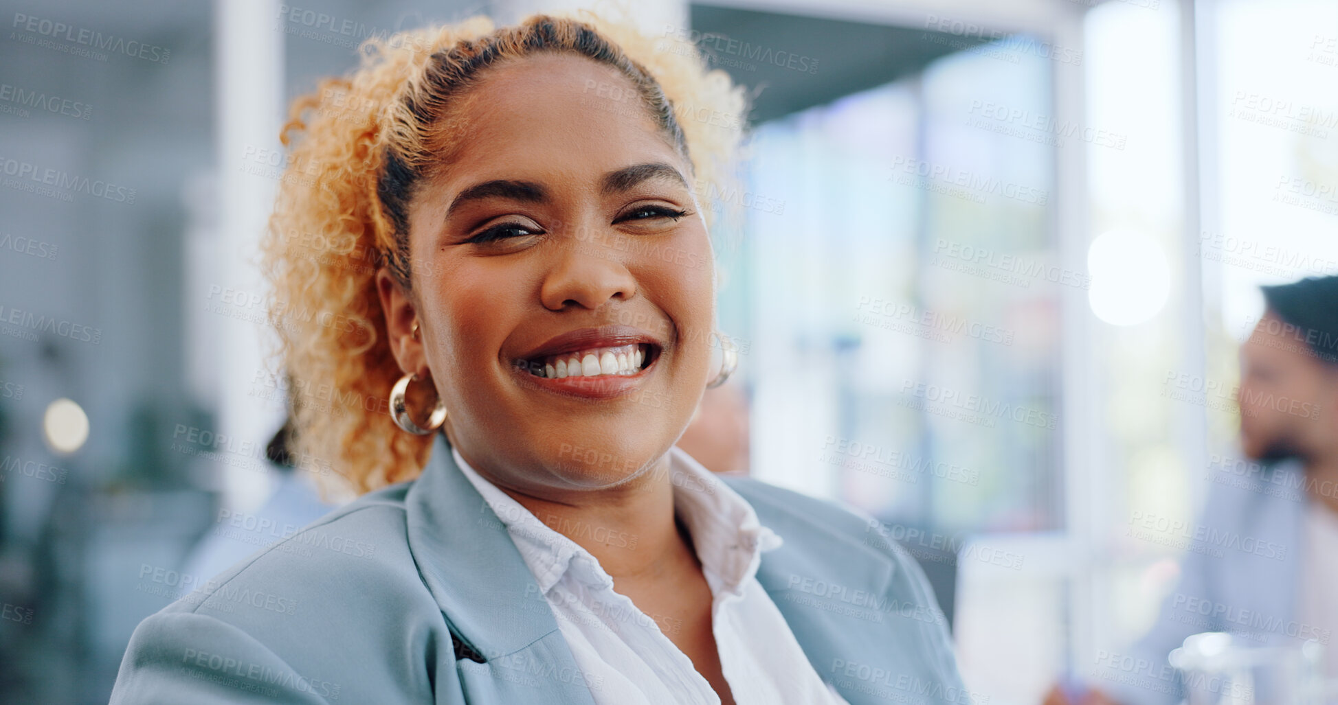 Buy stock photo Business woman with smile in portrait, lawyer at law firm with corporate professional and career pride. Happy at legal job, positivity with mission at company and attorney at office or workplace