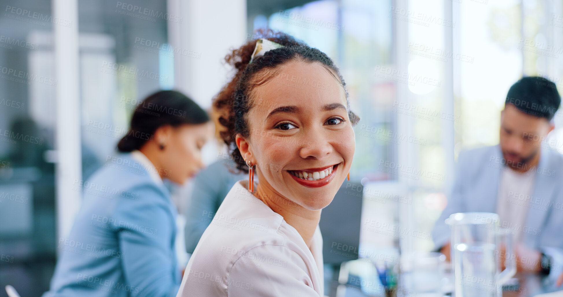 Buy stock photo Internship, portrait and happy woman in training, meeting and workshop in boardroom for employee learning in office. Face, smile or person working in company with team, mentor or coaching in business