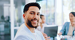 Businessman, face and smile for leadership in team meeting, collaboration or discussion at office. Portrait of happy male manager smiling for corporate planning, management or teamwork at workplace