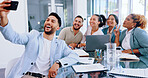 Business people, selfie and happy team in an office meeting with diversity, motivation and trust. Men and women group together for social media profile picture with peace emoji for collaboration