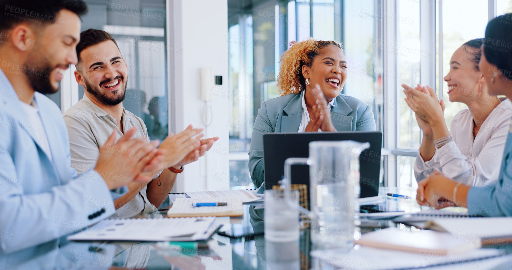 Buy stock photo Business people, applause and meeting in congratulations, celebration or team planning together at office. Group of employees clapping hands in teamwork for success, goals or thank you for promotion