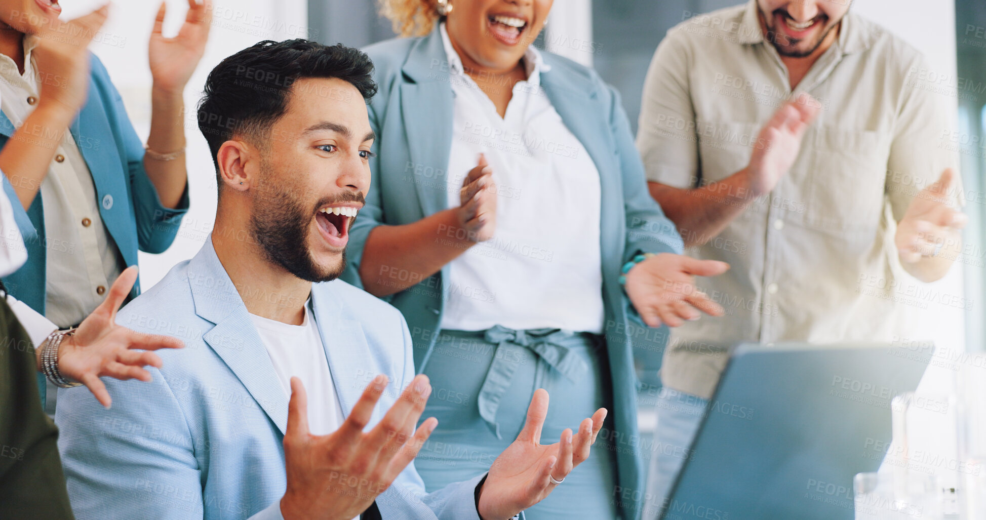 Buy stock photo Celebration, laptop and business man applause for winning achievement with congratulations on work success. Diversity, men and women clapping hands with happiness, development and sales target goal