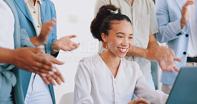 Clapping, laptop and winner woman in office success, congratulations and celebration of company target sales. Achievement, goals and applause worker, employee or person promotion, news or opportunity