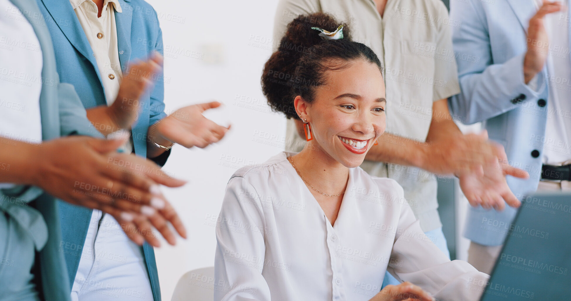 Buy stock photo Applause, laptop and winner woman in office success, congratulations and celebration of company target sales. Achievement, goals and clapping worker, employee or person promotion, news or opportunity