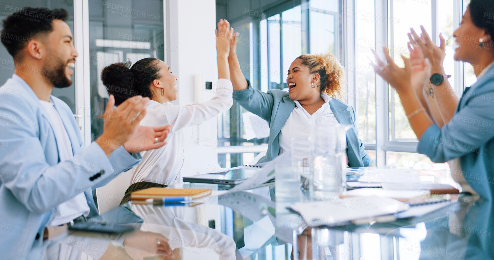 Buy stock photo Success celebration, finance team and winning with documents or paper in air for success. Diversity men and women high five or applause target goals, profit development and teamwork in office meeting