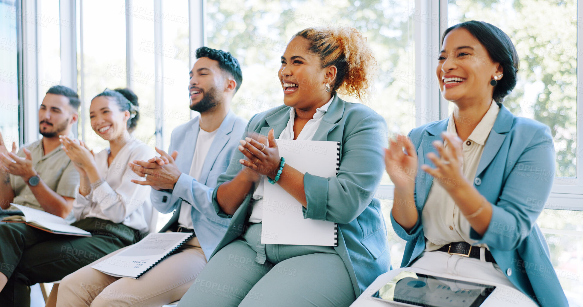 Buy stock photo Business, team and applause for celebration of achievement and success on project presentation in modern office. Teamwork, diversity and clapping for sales, deal and growth in company with happiness