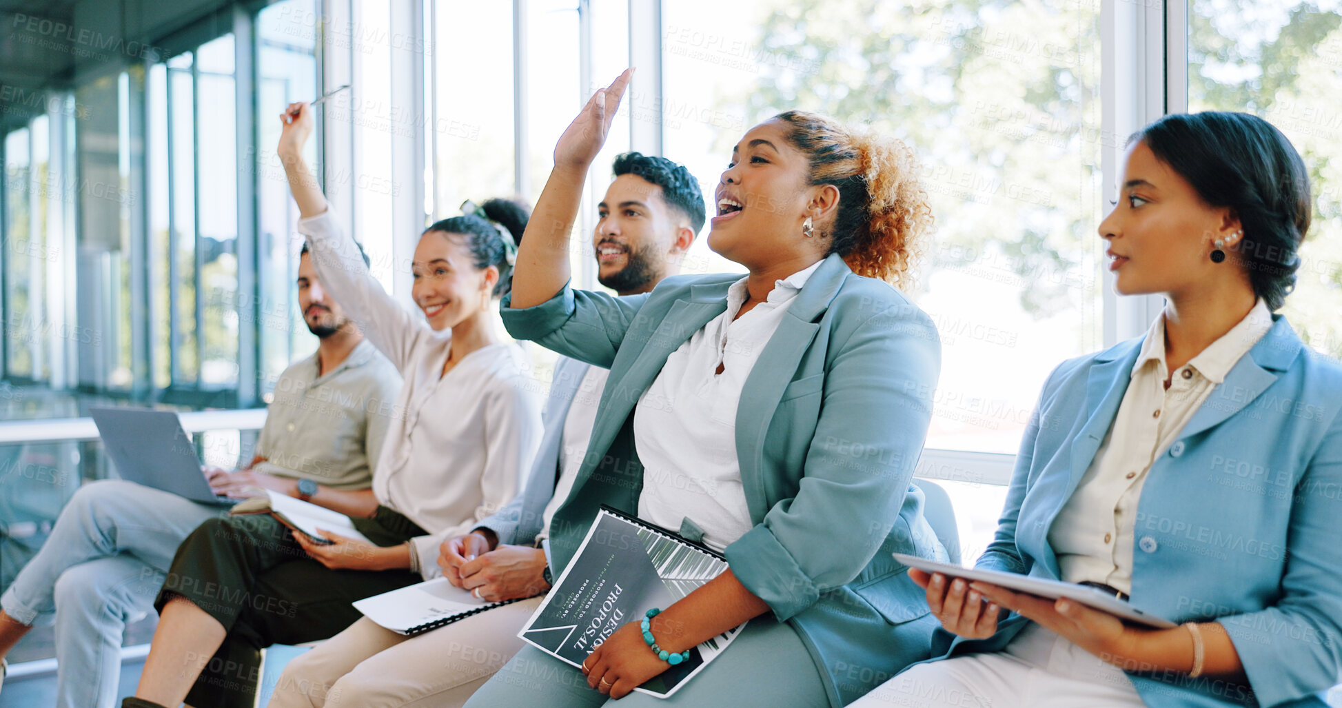 Buy stock photo Business people, question and hands raised in meeting, presentation or workshop together at office conference. Group of employees with answer for interaction, teamwork or collaboration at workplace