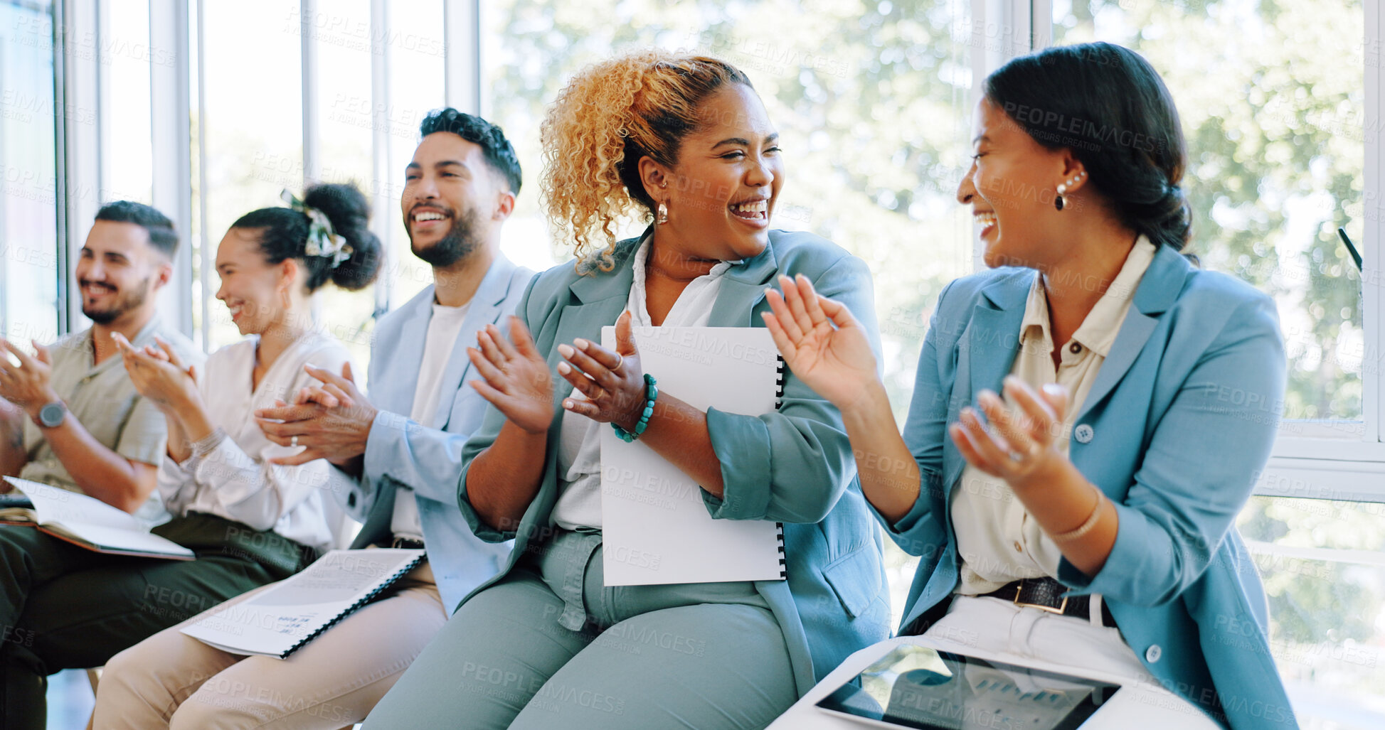 Buy stock photo Business, team and applause for celebration of achievement and success on project presentation in modern office. Teamwork, diversity and clapping for sales, deal and growth in company with happiness