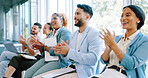 Applause, business people and smile in conference, workshop and motivation in convention room. Happy workers clapping hands in seminar of success, goals and team inspiration in presentation meeting