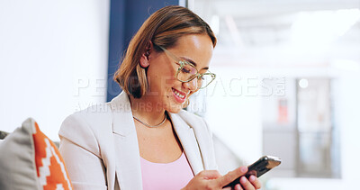 Asian, business woman and smartphone in office for career networking, communication and online negotiation with smile for success. Happy Seoul employee using phone for social media mobile app to chat