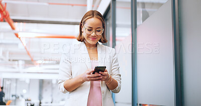 Business woman in office walking with smartphone for Seoul, global or international networking, communication and marketing. Happy asian employee using phone or cellphone in a corporate workspace